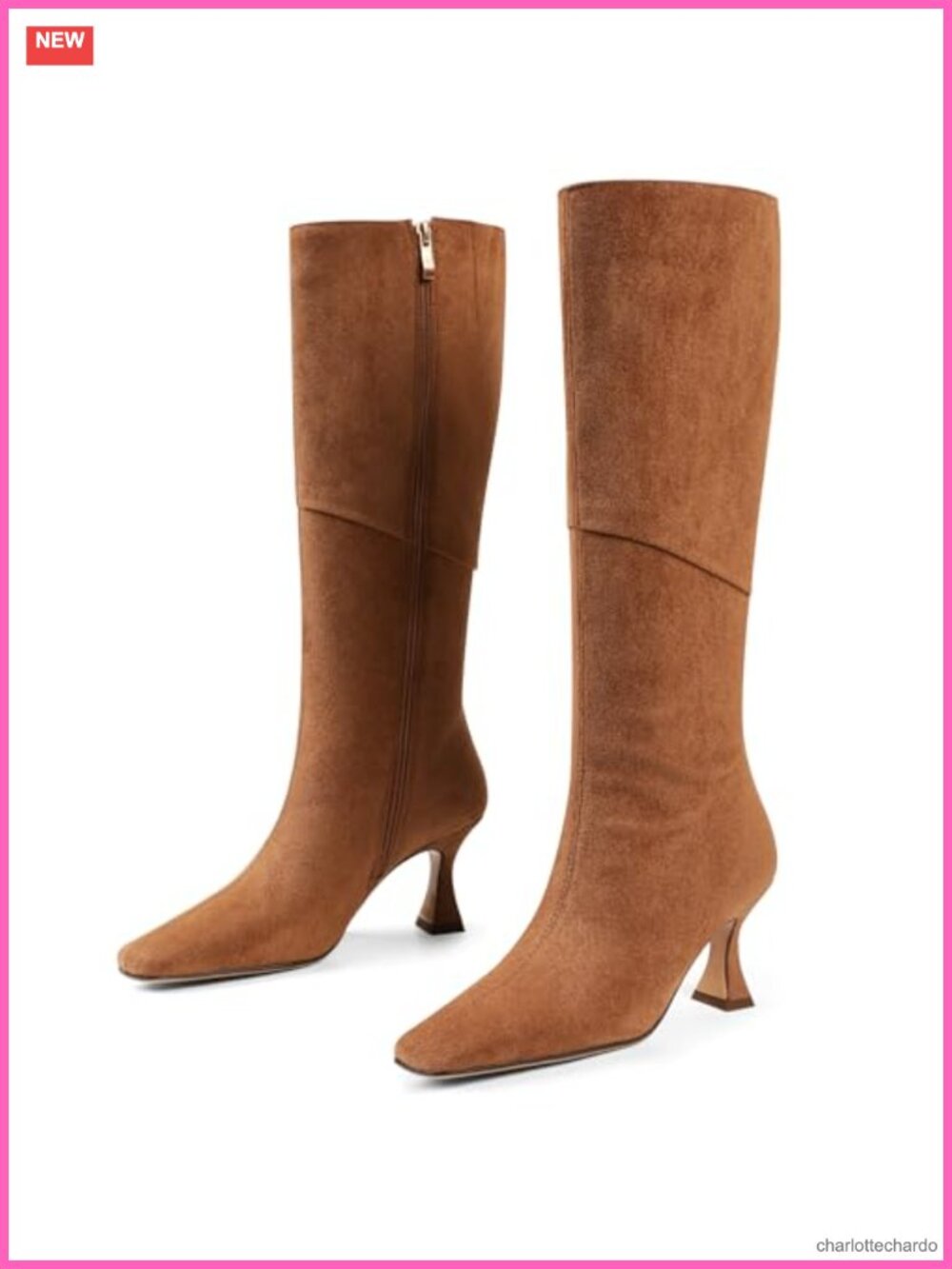 Women's Knee High Kitten Heel Suede Boots Square Toe Side Zip